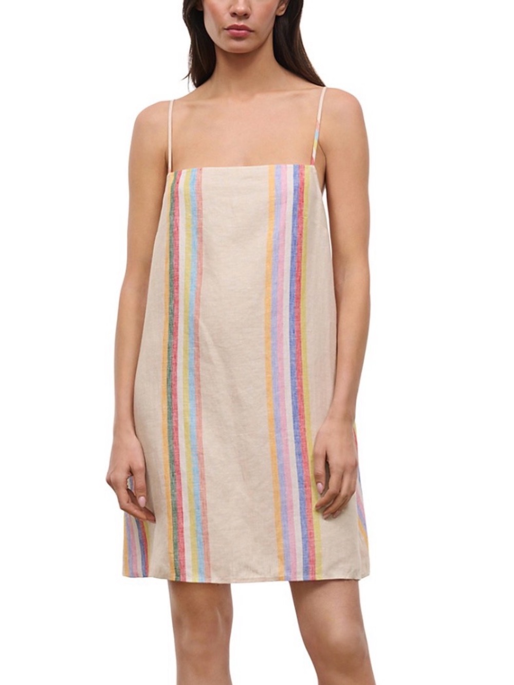 STAUD Cream Mini Dress with Pastel Rainbow Stripes